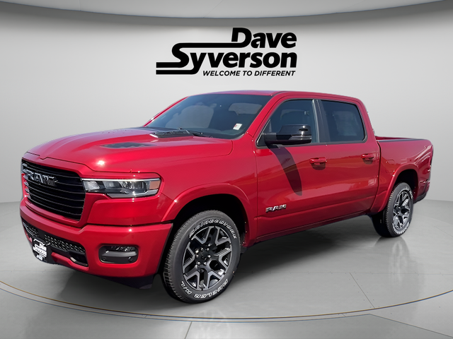 2026 RAM Ram 1500 RAM 1500 LARAMIE CREW CAB 4X4 5'7' BOX in Molten Red Pearl-Coat Exterior Paint — front three-quarter view