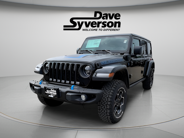 2023 Jeep Wrangler Rubicon 4xe in Black Clearcoat — front three-quarter view